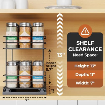 Mystozer Pull Out Spice Rack Organizer for Cabinet, Slide Out Spice Racks, Easy to Install Spice Cabinet Organizers, 6.49" Wx10.43 Dx8.66 H, 1 Drawer 2 Tiers(Black)