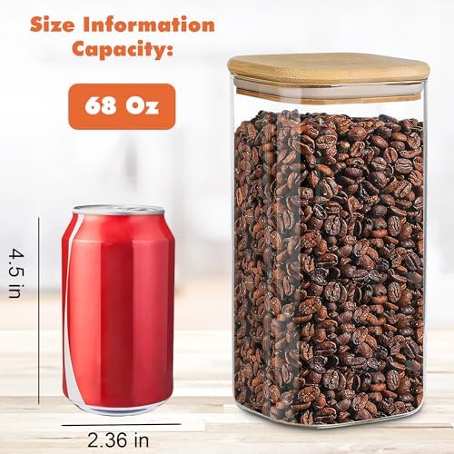 Glass Storage Containers with Airtight Bamboo Lids Set of 3,Pantry Food Glass Jar with Lid,Perfect for Kitchen Organization-Flour,Rice,Pasta,Sugar,Coffee Beans,Accessories Included (3 packs(68oz))