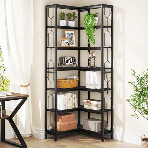 Tribesigns Corner Shelf, 7-Tier Industrial Corner Bookshelf, Wood and Metal Corner Etagere Bookcase, Freestanding Display Shelf for Living Room, Kitchen, Home Office, Light Black