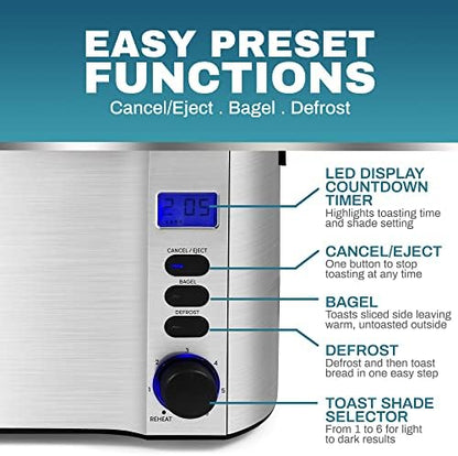 Elite Gourmet 4-Slice Long Slot Toaster, Countdown, 6 Shades, Warming Rack