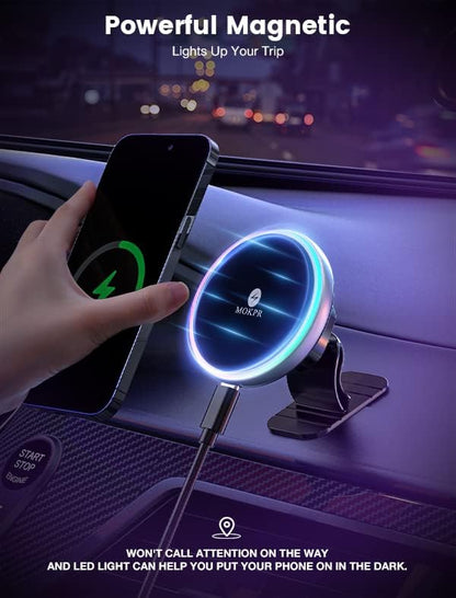MOKPR for Magsafe Car Mount Charger-Wireless Car Charger-Magnetic Car Phone Holder for Dash Air Vent-LED RGB HandsFree Car Mount Fast Car Charger for iPhone 16 15/14/13/12 Series with QC 3.0 Adapter