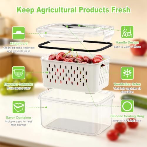 5 Pack Fridge Fruit Storage Containers with Colander, Vent and Handle