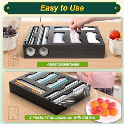 KOCWELL Bag Organizer & Plastic Wrap Dispenser with Cutter, 6 In 1 Bamboo Foil & Plastic Wrap Organizer for Kitchen, Food Storage Bag Organizer