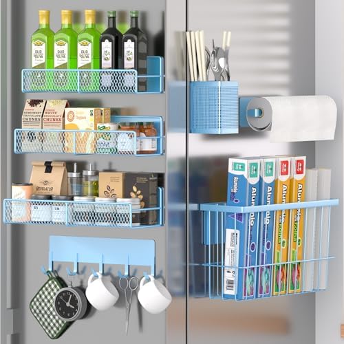 Magnetic Spice Rack for Refrigerator, 7 Pack Metal Magnetic Shelf, Moveable Magnetic Storage Fridge Organizer, Spice Organizer, Hook Rack, Paper Towel Holder, Utensils and Cutting Board Holder, Blue