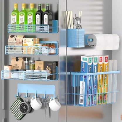 Magnetic Spice Rack for Refrigerator, 7 Pack Metal Magnetic Shelf, Moveable Magnetic Storage Fridge Organizer, Spice Organizer, Hook Rack, Paper Towel Holder, Utensils and Cutting Board Holder, Blue