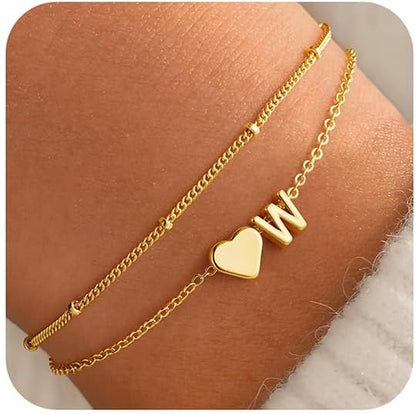 M MOOHAM Initial Heart Bracelets for Women - Layered Dainty 14K-Gold-Plated Heart Letter A-Z Charm Bracelets for Women, Chain Link Charm Bracelets Beaded Bracelets Birthday Gifts Womens Jewelry