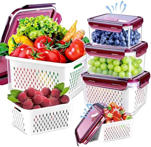 4Pack Fruit Storage Container for Fridge with Colander and Vent - Purple