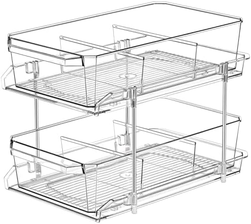 2 Tier Clear Organizer with Dividers for Cabinet, Shlef, Counter - MultiUse Slide-Out Storage Container - Kitchen, Pantry, Medicine Cupboard Bins, Bathroom, Vanity Makeup, Under Sink Organizing
