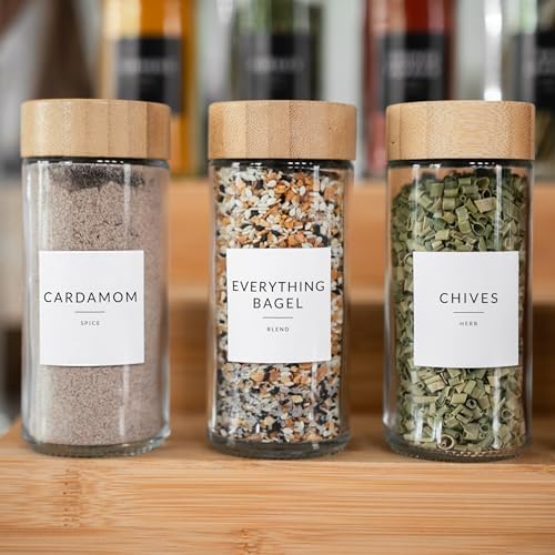 SAVVY & SORTED Glass Spice Jars with Label, 24PK Round Bamboo Jar Spices Set 4oz, 374 Spice Labels, Pepper Grinder, Empty Herb Seasoning Containers, Funnel and Shaker Lids