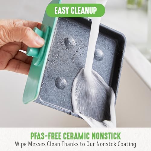GreenLife 3-in-1 Breakfast Maker Station, Healthy Ceramic Nonstick Dual Griddles for Eggs Meat Sausage Bacon Pancakes and Breakfast Sandwiches, 2 Slice Toast Drawer, Easy-to-use Timer, Turquoise