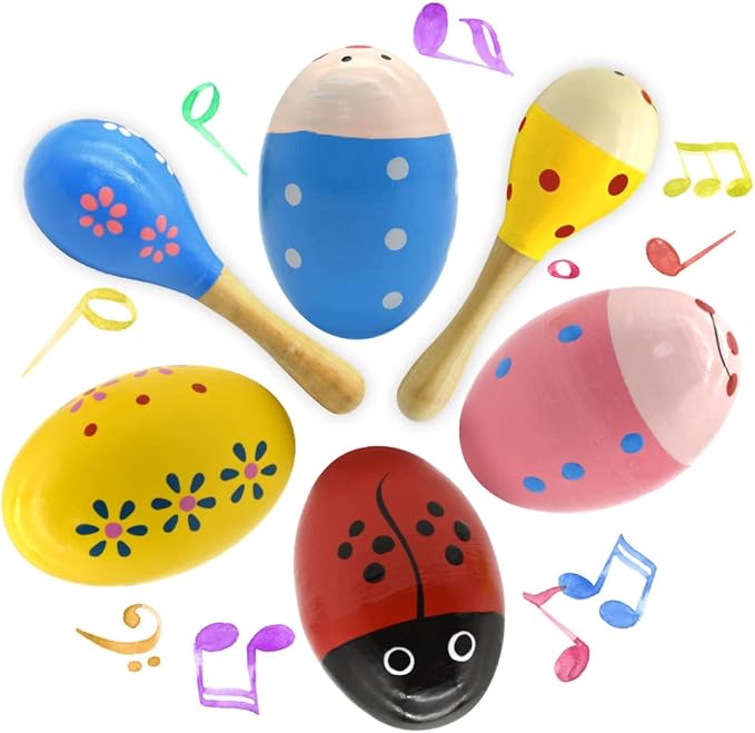 Wooden Easter Eggs Shakers Toys, Maracas Kids Hand Percussion Shakers Percussion Musical for Party Favors Kids Easter Basket Stuffers, 4 Pack Easter Eggs with 2 Shaker Sand Hammer Kit