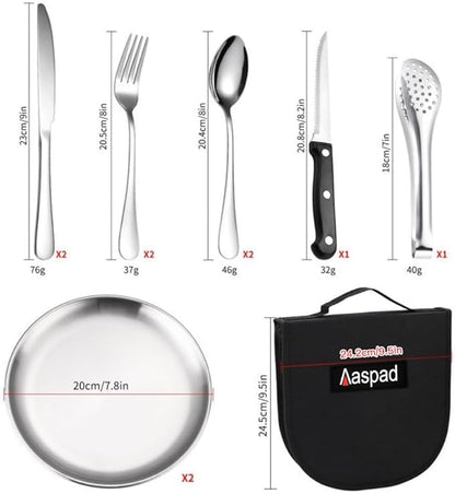 Picnic Cutlery Kit with Portable Case Camping Essentials Silverware Set Travel Utensils Outdoor Tableware Stainless Steel Flatware with Forks,Spoons,Serrated Knife,Food Clip,Plates (Black)