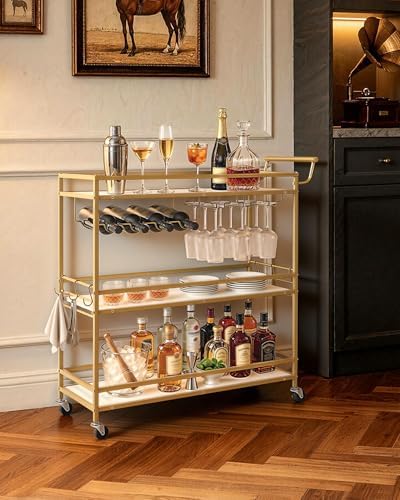 VEVOR Bar Cart, 3 Tiers Home Kitchen Serving Carts, Modern Rolling Utility Station on Wheels, Mobile Drink Beverage Trolley with Wooden Shelf, Wine Rack, and Glass Holder, 35.83x12.99x36.81 in, Gold