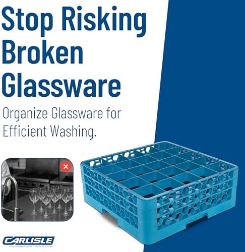 Carlisle FoodService Products Opticlean 25-Compartment Glass Racks for Restaurants with 2 Extenders - Dishwasher Rack for Beverage Glasses, Goblets, 7.12" Max Diameter, Blue