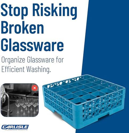 Carlisle FoodService Products Opticlean 25-Compartment Glass Racks for Restaurants with 2 Extenders - Dishwasher Rack for Beverage Glasses, Goblets, 7.12" Max Diameter, Blue