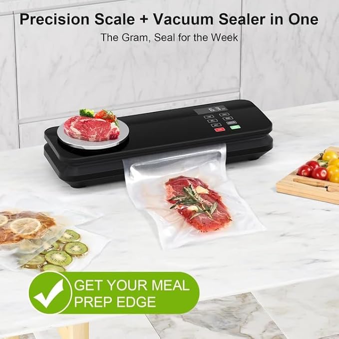 Food Vacuum Sealer Machine, 90KPA with Kitchen Scale, One-Touch Automatic, Multiple Modes, with 10 Sealer Bags and 1 roll, Built-in Cutter, Black
