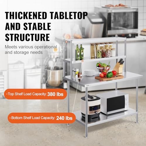 VEVOR Double Shelf Stainless Steel Two Tier Shelf 30.5 x 122 x 60 cm Height Adjustable Height Prep and Work Table Accessory for Kitchen Restaurant Workshop