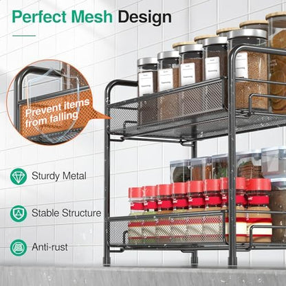 Spice Rack Organizer for Countertop,Xpatee 2-Tier Foldable Metal Rust-Proof Standing Large Seasoning Storage Shelf with Guardrail and Mesh Design for Kitchen Cabinet Bathroom Living Room Pantry, Black