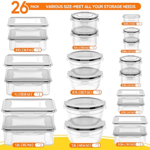 52 PCS Food Storage Containers with Lids Airtight (26 Lids & 26 Containers)