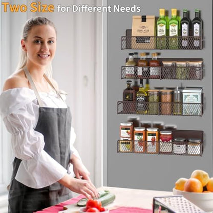 DTUQYX Magnetic Spice Rack for Refrigerator, 4 Pack 100% Metal Strong Magnet Fridge Shelves, Space Saving Spice Organizer, No Drilling Moveable Home Kitchen Laundry Room Storage Organization, Brown