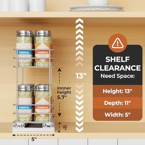 Mystozer Pull Out Spice Rack Organizer for Cabinet, Slide Out Spice Racks, Easy to Install, 4.33" Wx10.43 Dx8.66 H, 1 Drawer 2 Tiers(Silver)