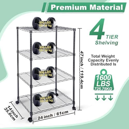 Whitmor 4 Tier Shelving Unit, Adjustable Storage Shelves with Wheels, Wire Shelving, 200 lbs Capacity per Shelf, Max 800 lbs Total for Laundry, Kitchen, Garage, 24" L x 14" W x 47" H, Black