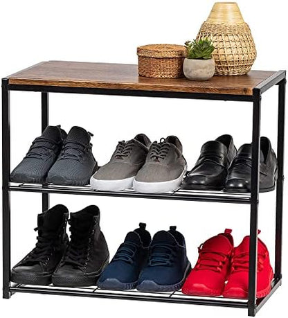 IRIS USA 3-Tier Shoe Rack, Holds 6 Pairs, Wood Metal Bench
