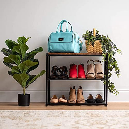IRIS USA 3-Tier Shoe Rack, Holds 6 Pairs, Wood Metal Bench