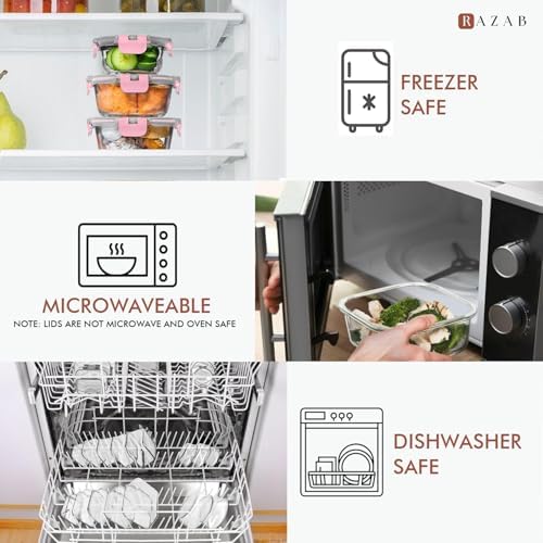 Razab 30 PC Glass Food Storage Containers with Lids - Reusable Glass Meal Prep Containers for Lunch and Leftovers - Airtight & Leakproof Snap Locking Lids - Oven, Freezer, Microwave, Dishwasher Safe