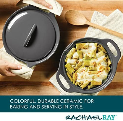 Rachael Ray Solid Glazed Ceramics Casserole Bakeware/Baker Set with Shared Lid, 3 Piece, Dark Gray