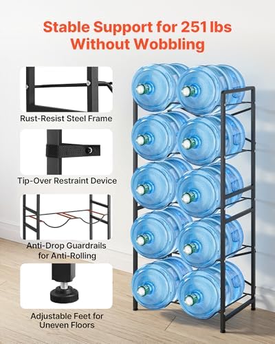 VEVOR 5 Gallon Water Jug Holder for 10 Bottles, 5-Tier Double Rows 3 or 5 Gallon Water Bottle Holder with Handle, Heavy Duty Jug Rack Organizer, Easy Assembly, for Kitchen, Office, Restaurant, Black