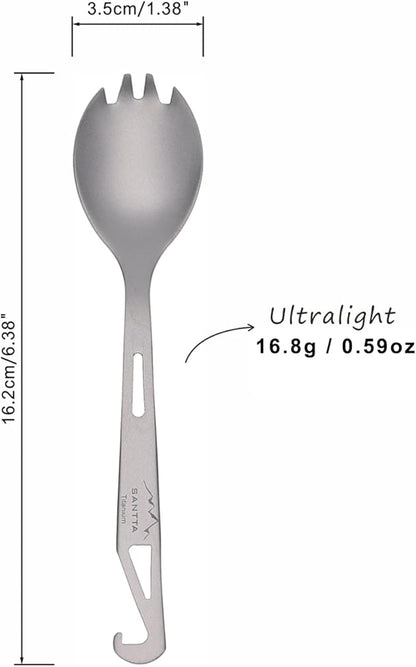 SANTTA Titanium Camping Spork Set of 2 Piece, Spoon Fork and Bottle Opener 3 in 1, Ultra light Multifunctional Ti Utensils with Storage Bag for Camping Backpacking Hiking Fishing Picnic and Travel