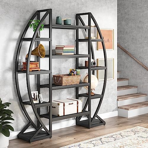 Tribesigns Oval Bookshelf, Triple Wide 5 Tiers Etagere Bookcases, Industrial Display Shelves for Living Room (55", Black)