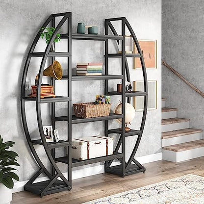 Tribesigns Oval Bookshelf, Triple Wide 5 Tiers Etagere Bookcases, Industrial Display Shelves for Living Room (55", Black)