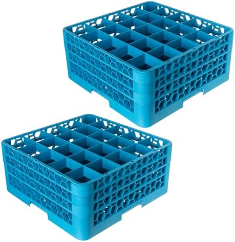 Carlisle FoodService Products OptiClean 25-Compartment Glass Racks With 3 Extenders for 3.19" Cups – Glass Racks for Restaurants Scratch-Resistant Texture, Blue, (Pack of 2)