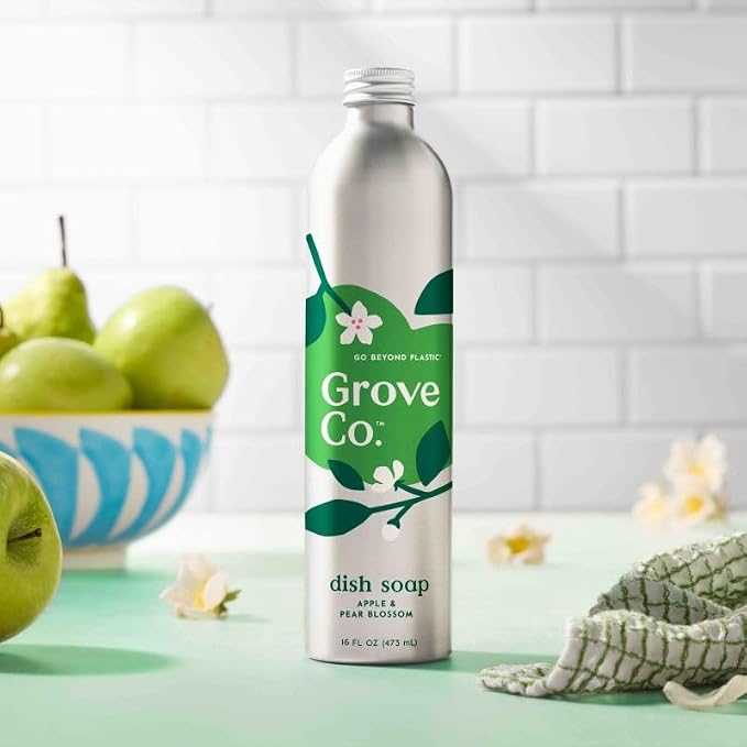 Grove Co. Dish Soap, 3 x 16 fl oz Refills + Refillable Glass Dispenser | Apple & Pear Blossom; Plastic-Free; Reusable dispenser; Refill format; Removes Stuck on Food; 98% plant-based ingredients