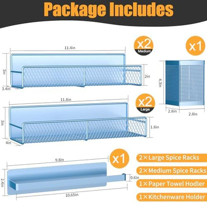 Magnetic Spice Rack for Refrigerator, 6 Pack Metal Magnetic Shelf Blue, Moveable Spice Organizer, Strong Magnetic Storage Fridge Organizer with Paper Towel Holder, Utensils Holder