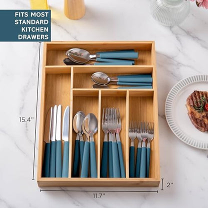 COOK WITH COLOR Bamboo Kitchen Utensil Set with Drawer Organizer | Cooking Tools and Storage Caddy, Blue, 25 Piece Cutlery Set