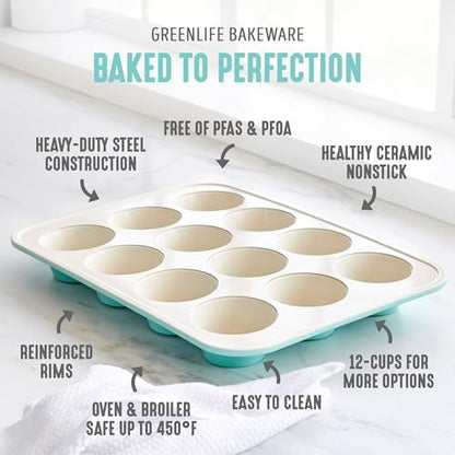 GreenLife 12 Cup Ceramic Nonstick Muffin Pan, Turquoise