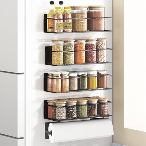 Magnetic Spice Rack For Refrigerator, Magnetic Fridge Shelf For Kitchen, Magnetic Shelf For Fridge Space Saving Black 4 Pack With Magnetic Paper Towel Holder