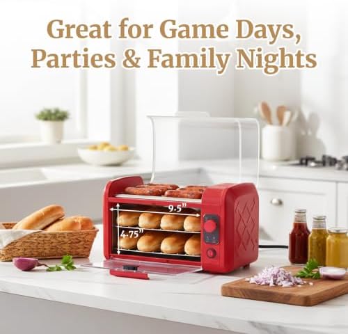 Elite Gourmet 8-Hot Dog Roller/Toaster Oven, 5 Rollers, Auto Shut-Off, Red