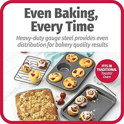 GoodCook 4-Piece Nonstick Steel Toaster Oven Set with Sheet Pan, Rack, Cake Pan, and Muffin_Pan, Gray, Set Distributes Heat Evenly, Nonstick Coating, Dishwasher-Safe 4-Piece (Pack of 6)