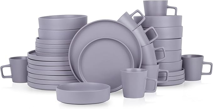 Stone Lain Cleo Stoneware 32-piece Round Dinnerware Set, Light Gray,Service For 8,Coupe - Celina