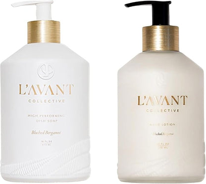 L'AVANT Collective The Sink-Side Care Duo, Natural Luxury Dish Soap 16 Fl Oz with Moisturizing Hand Lotion 10 Fl Oz, Plant-Based Formulas in Refillable Glass Pump Bottles, Blushed Bergamot