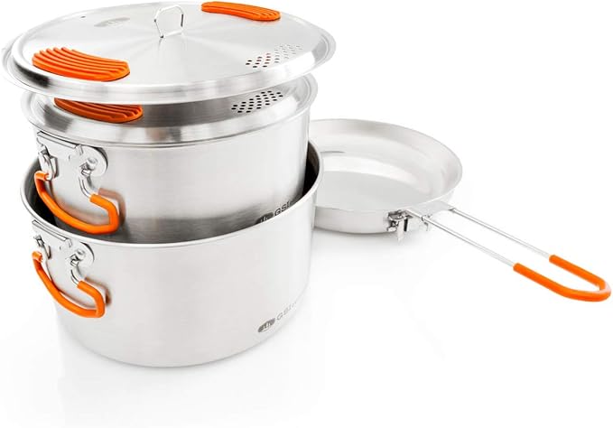 GSI Outdoors Glacier Stainless Steel Base Camper - Medium - 3 Pieces Cookset - Compact, & Durable Pot Pan for Camping