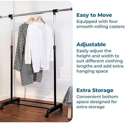 Honey-Can-Do Rolling Garment Rack with Adjustable Height and Width, Metal Clothes Rack, Heavy-Duty Organizer, Chrome