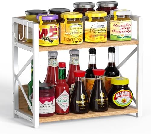 RUILALIFE Kitchen-Countertop-Organizer-Shelf, 2 Tier Coffee Bar Station Organizer for Counter,Wooden Spice Rack Shelf, Space Saving Desk Shelving Riser Unit, Coffee Bar Accessories (Maple, Large)