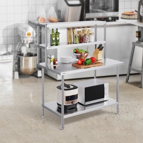 VEVOR Double Shelf Stainless Steel Two Tier Shelf 30.5 x 122 x 60 cm Height Adjustable Height Prep and Work Table Accessory for Kitchen Restaurant Workshop