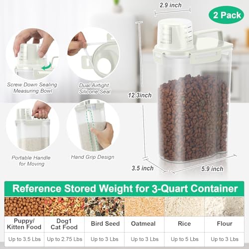 TBMax Rice Container Cereal Storage Container 2 Pack 5 Lbs, Kitchen Pantry Dry Food Storage Holder with Easy-Pouring Spout & Handy Cup, Small Pet Dog Cat Food Dispenser for Daily Feeding -Beige