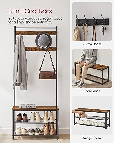 VASAGLE Coat Rack, Hall Tree with Shoe Storage Bench, 3-in-1, Steel Frame